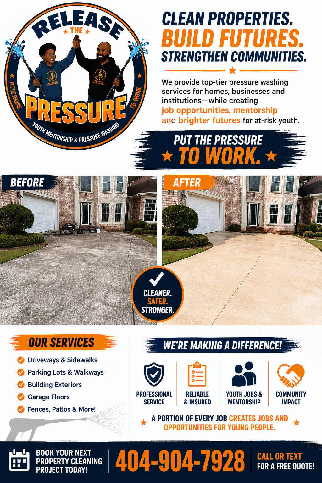 Release Pressure promotional flyer advertising pressure washing services for homes and businesses while providing job training for at-risk youth