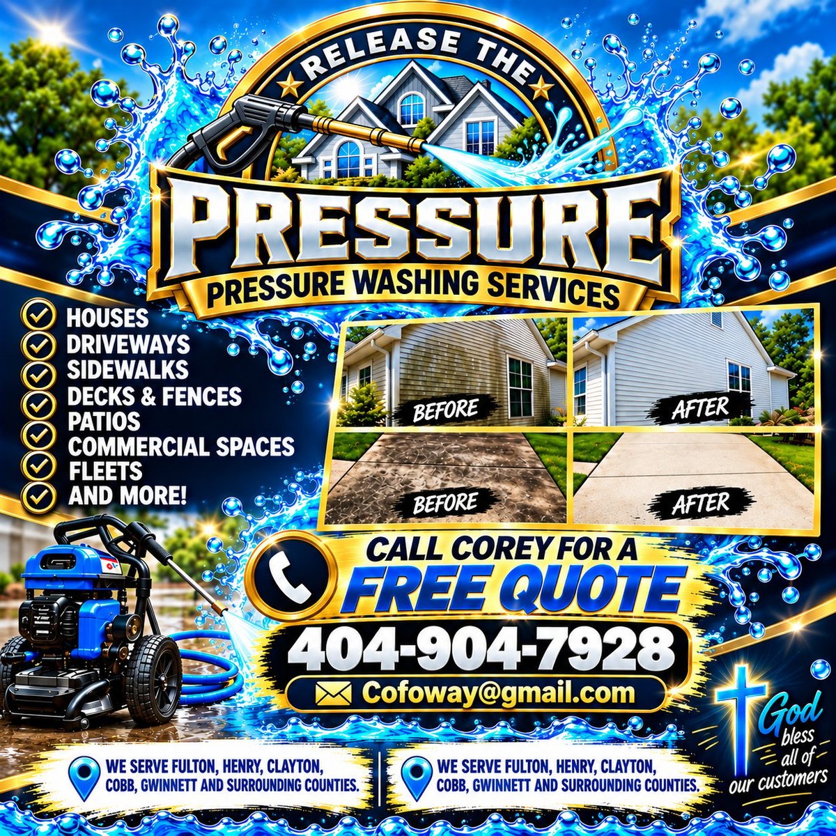 Release the Pressure Washing Services promotional flyer showing before and after photos of cleaned house and driveway with contact number 404-904-7928